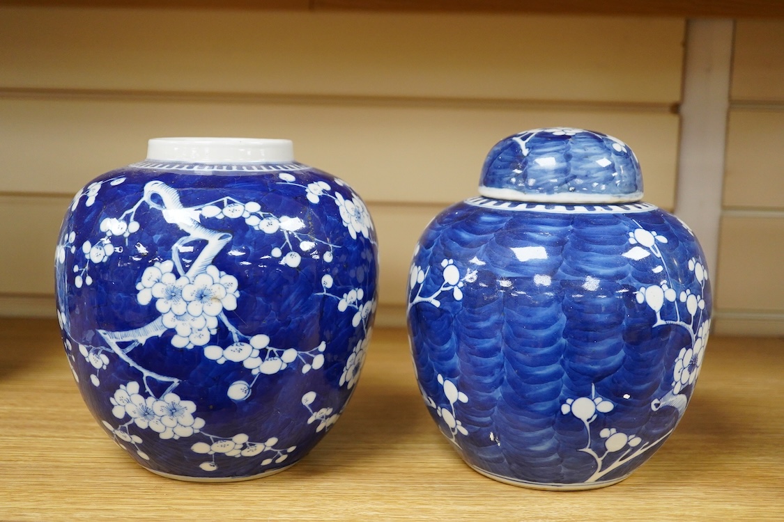 Two Chinese Prunus flower ginger jars, one with cover, 20cm high